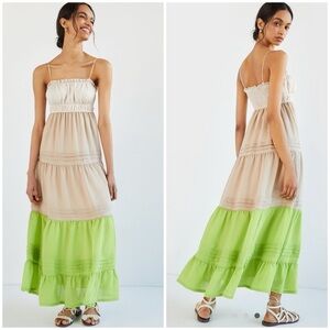 💋Anthropologie Elegant Beige and Green color block Maxi Dress size S